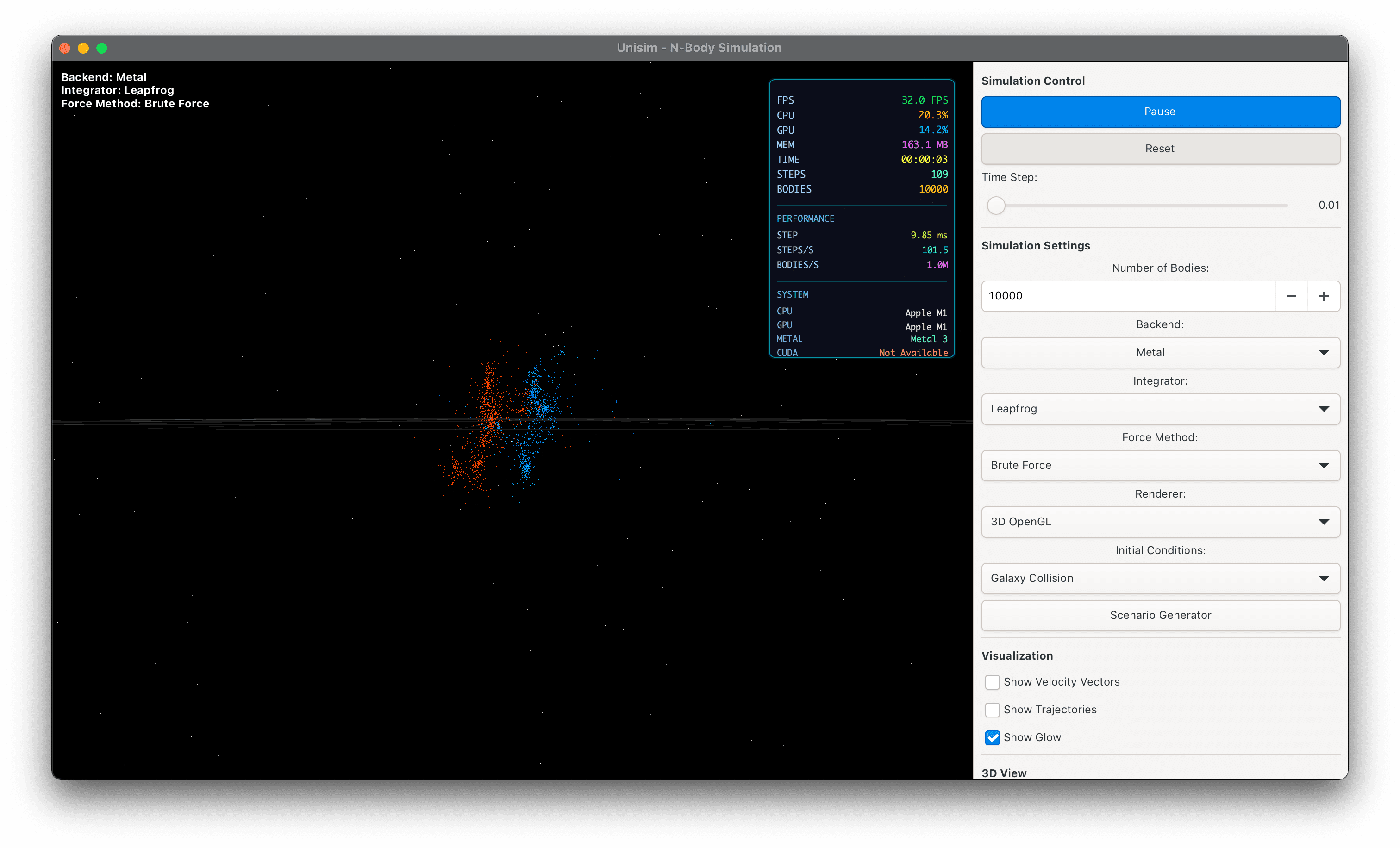 Unisim n-body simulation GUI